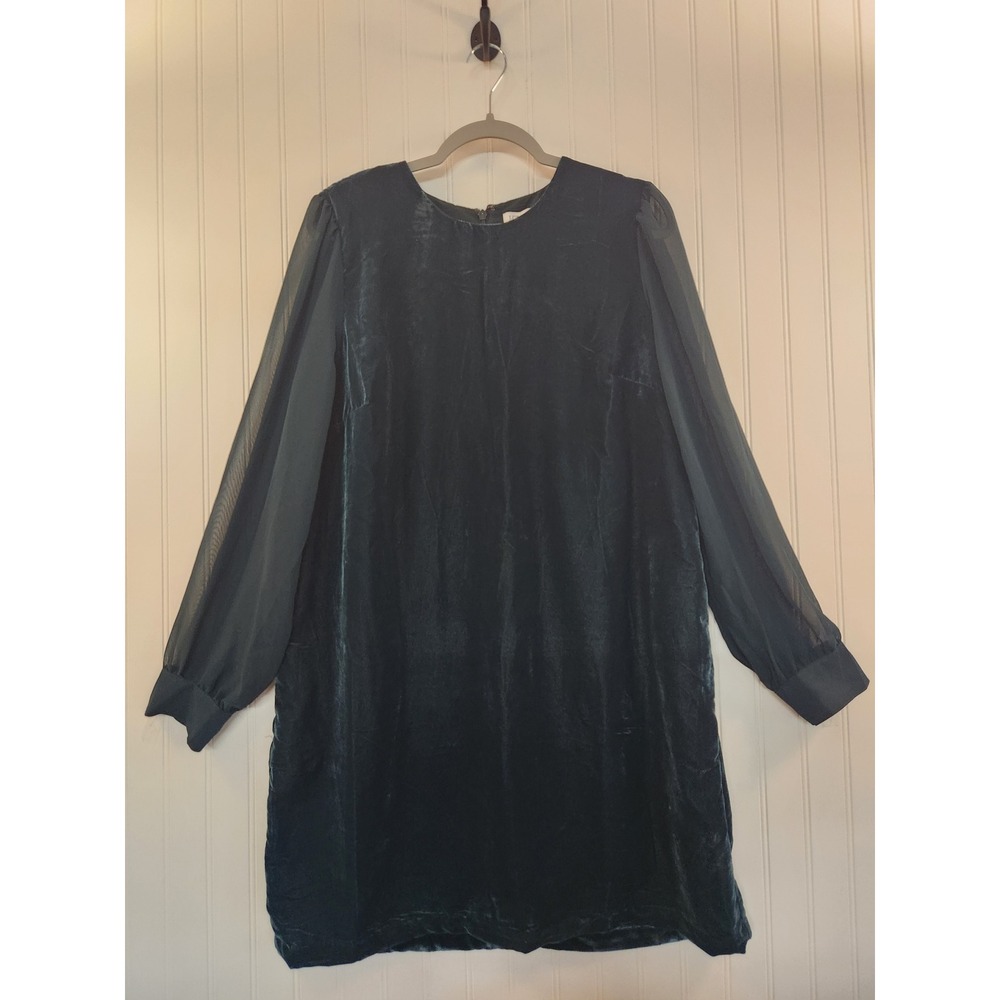 NEW J.Crew Womens Velvet Sheer Sleeve Shift Dress Green Size 14 Cocktail Glam
